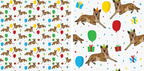 Happy Birthday Pattern with canaan dogs in a party hat, seamless texture. Repeatable textile, wrapping paper, white background graphic design.Holiday wallpaper with sitting cute dogs. Pet lovely icon. - obrazy, fototapety, plakaty