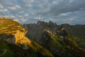 Switzerland, beautiful mountain landscape at sunset in the Swiss Alps.
