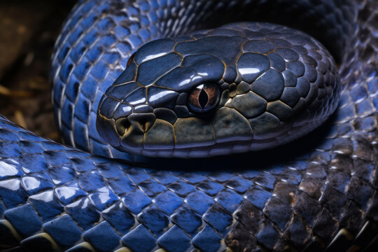 An extreme close-up of a fictional or fantasy blue and black rattlesnake
