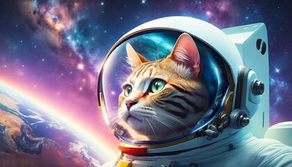 Sci-fi space wallpaper with astronaut cat. Astronaut cat in a spacesuit in outer space. space galaxy. AI