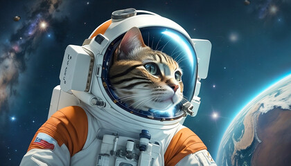 Sci-fi space wallpaper with astronaut cat. Astronaut cat in a spacesuit in outer space. space galaxy. AI