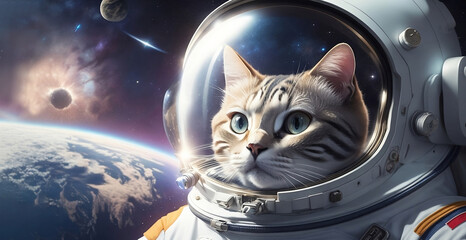 Sci-fi space wallpaper with astronaut cat. Astronaut cat in a spacesuit in outer space. space galaxy. AI