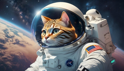 Sci-fi space wallpaper with astronaut cat. Astronaut cat in a spacesuit in outer space. space galaxy. AI