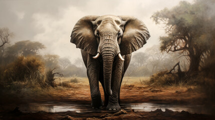 Naklejka na ściany i meble An elephant stands tall against a backdrop of trees and mountains.