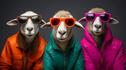 Fashionable portrait of three anthropomorphic cute sheep with sunglasses and vibrant jackets. Generative AI. - obrazy, fototapety, plakaty