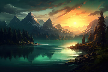 Fototapeta na wymiar sunrise over mountain lake, nature background, generative ai 