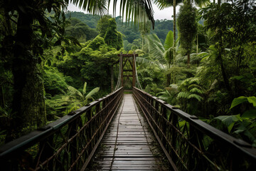 View of narrow footbridge between green tropical trees located in jungle, generative ai 