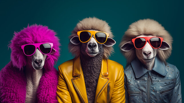 Stylish animal rock band, fashionable portrait of anthropomorphic superstar sheep with sunglasses and vibrant suits, group photo, glam rock style. Generative AI.
