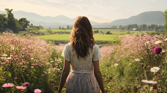 woman stands on a farm, surrounded by blooming fields, generative ai 