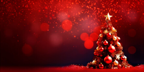 Christmas tree with red background with defocused lights. AI Generative.