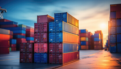 Fototapeta premium Stack of blue container boxes with sky background. Cargo freight shipping for import and export logistics