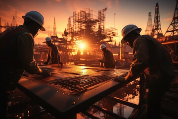 Fototapeta premium Silhouette Teams of Business Engineers looking for blueprints in construction sites through blurry construction sites at sunset,octane render,32k,golden hour,ultra realistic