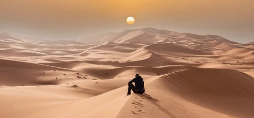Rolgordijnen A person sitting in the Erg Chebbi desert in the African Sahara © imagoDens