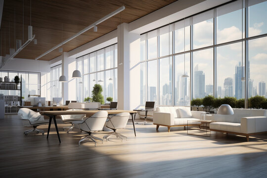 A large bright ultramodern office in the metropolis. Panoramic windows. High ceiling. The interior of the future.