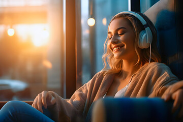 Relaxed and smiling young woman listening to podcast with earphones. AI Generative.