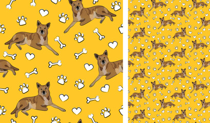 Canaan dog yellow background with bones and paws. Dog symbols, icons. Funky, colorful vibe, vibrant palette. Simple, clean, modern texture. Summer seamless pattern with dogs. Birthday present. Love.