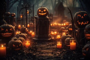 Jack-o-lanterns placed in a cemetery, with a vintage and aged color style. Spooky glowing pumpkins surrounded by weathered gravestones and candlelight. Halloween background. Generative Ai.