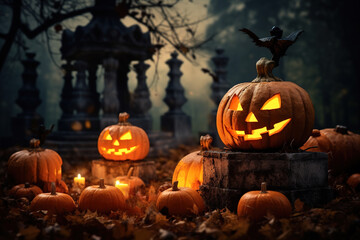 Jack-o-lanterns placed in a cemetery, with a vintage and aged color style. Spooky glowing pumpkins surrounded by weathered gravestones and candlelight. Halloween background. Generative Ai.