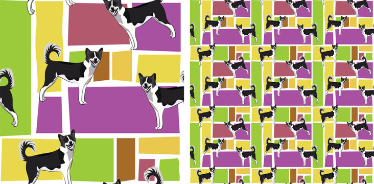 Canaan dog summer bright wallpaper. Holiday abstract shapes square seamless mosaic, repeatable pattern. Birthday wallpaper, Christmas present, print tiles. Simple Violet puzzle with dogs, pets.