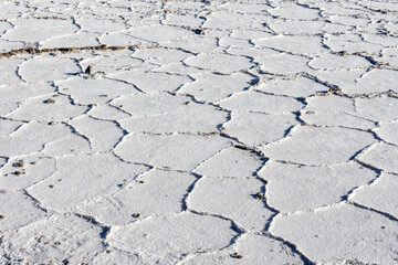 Exploring the huge salt flats Salinas Grandes de Jujuy in northern Argentina while traveling South America - close up of the surface