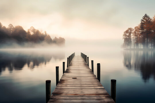 Morning misty landscape on the lake. Wooden pier and island with trees on the lake.