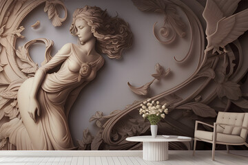 Wall mural of 3d wallpaper with a sculpture of a woman, in front of it is decorative furniture, generatie ai