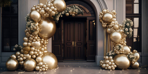 Arch of balloons with flowers.Decorated entrance door Exterior facade of building with front door.Grand Opening concept.Holidays event, vedding ceremony,birthday celebration, anniversary.Generative ai