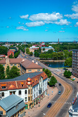 Liepaja, Latvia - June 29, 2023: aerial view of the city centre of the Liepaja city with historical buildings and traffic in the city