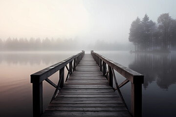 Morning misty landscape on the lake. Wooden pier and island with trees on the lake.