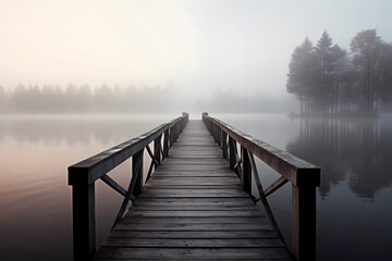 Naklejka premium Morning misty landscape on the lake. Wooden pier and island with trees on the lake.