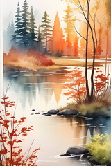 lake in autumn - Landscape Illustration - Watercolor Landscape wall art - Generative AI