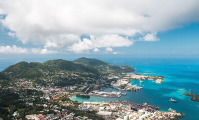 Fototapeta na wymiar Aerial panoramic view of Mahe coastline, Seychelles