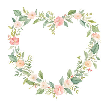 Card watercolor flower wreath with leaves heart frame on transparent background,generative