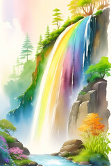 rainbow over the waterfall - Landscape Illustration - Watercolor Landscape wall art - Generative AI