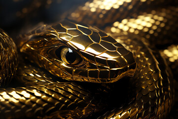 Gilded Elegance: Golden Chrome Snake Skin Texture Design, Luxuriously Contrasting Against a Black...