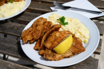Backfisch Deep Fried Fish in Batter with Hamburg Style Potato Salad on Rustic Table