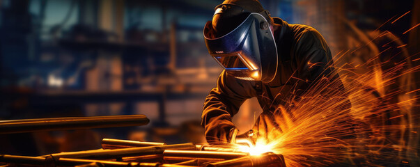 Metal welder working with arc welding machine to weld steel at factory. generative ai