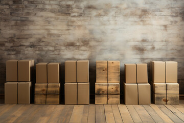Wooden boxes on the wooden floor in front of a brick wall