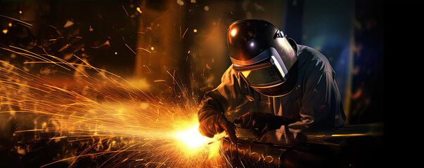 Metal welder working with arc welding machine to weld steel at factory. generative ai