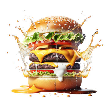 Delicious burger with many ingredients isolated on transparent background. Tasty cheeseburger with splash sauce. png