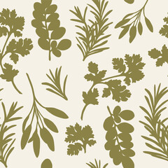 Hand drawn herbs seamless pattern. Coriander, rosemary, sage, moringa background - obrazy, fototapety, plakaty