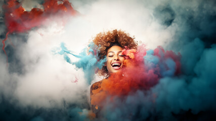 Lachende schöne Frau mit Holi Farben Explosion Poster Porträt, ai generativ