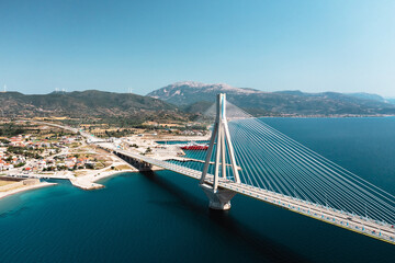 Aerial view of cable bridge of Rio - Antirio, Greece, It crosses the Gulf of Corinth near Patras, 