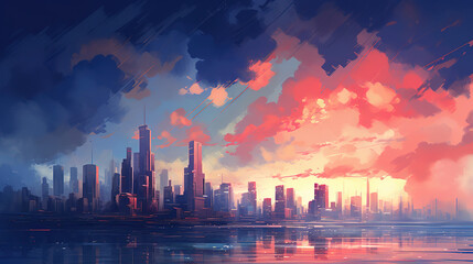an abstract painting of city skyline with glowing clouds, generative ai 