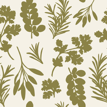 Hand drawn herbs seamless pattern. Coriander, rosemary, sage, moringa background