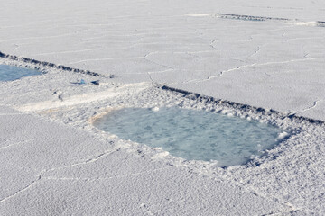 Basins in the salt crust of the huge salt flats Salinas Grandes de Jujuy in northern Argentina...