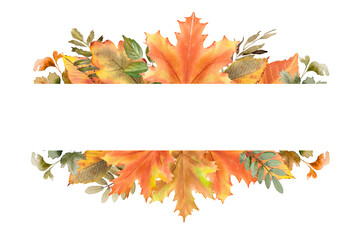 Fall leaves border watercolor illustration. Autumn frame with maple leaf for seasonal greeting card, thanksgiving invitation