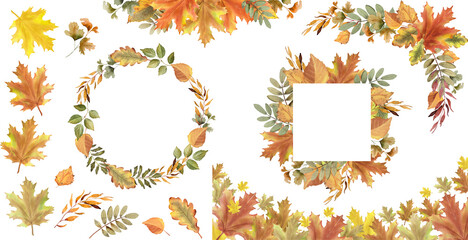 Fall leaves watercolor illustration. Autumn frame set with maple leaf.  Colorful autumn folliage template
