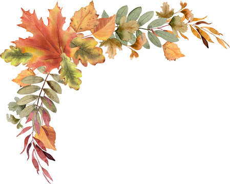 Fall leaves corner border. Autumn watercolor .