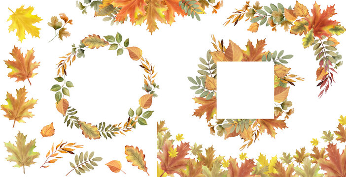 Fall leaves watercolor illustration. Autumn frame set with maple leaf.  Colorful autumn folliage template
